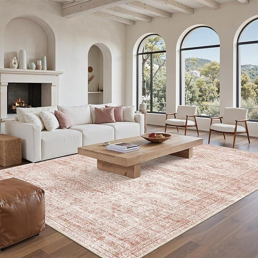 Soalmost Washable Area Rug 8x10, Large Soft Rugs for Living Room Vintage Area Rugs for Bedroom Dining Room Non-Slip Stain Resistant Pink Under Table Rug