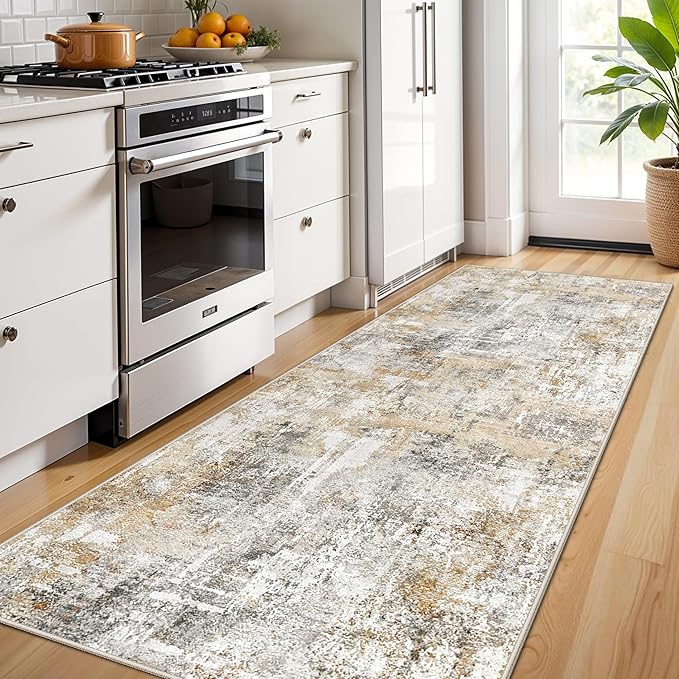 3x10 Ft Long Hallway Runner Rug - Non-Slip Washable Kitchen Runner Rug with Rubber Backing | Modern Abstract Wide Floor Carpet Runner for Indoor Entryway, Bedroom, Living Room (Gold Grey)