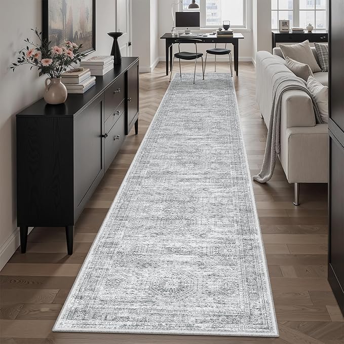 Soalmost Runner Rug 2x12 Washable Non-Slip Hallway Runner Rugs for Kitchen Bathroom Laundry Room Grey Vintage Floor Carpet Runners for Hallways Entryway
