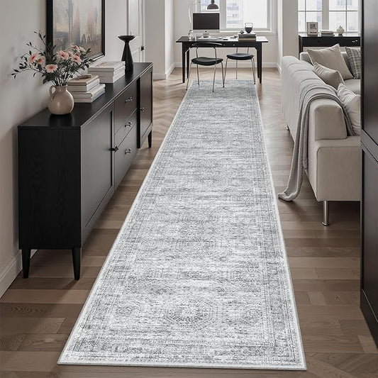 Soalmost Runner Rug 2x12 Washable Non-Slip Hallway Runner Rugs for Kitchen Bathroom Laundry Room Grey Vintage Floor Carpet Runners for Hallways Entryway