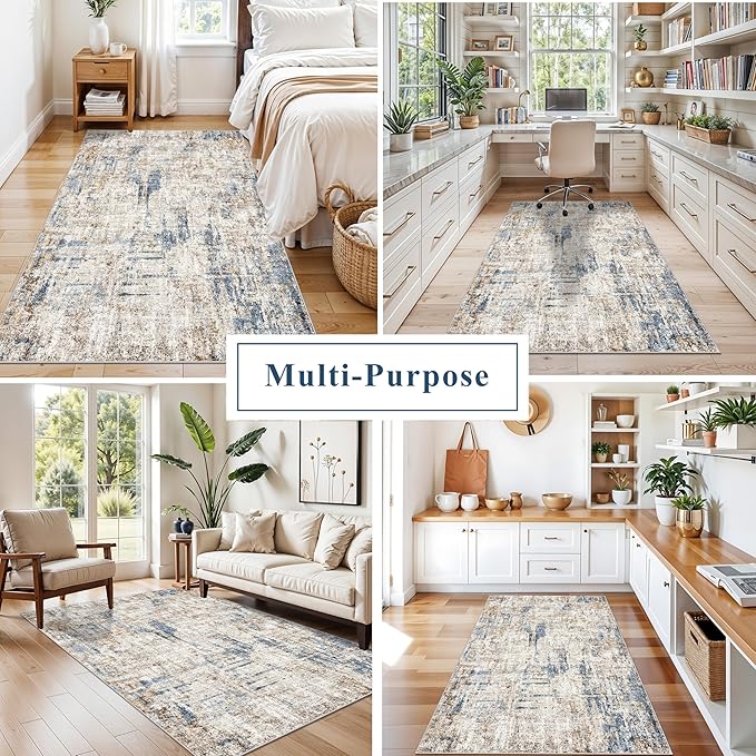 Washable 3x5 Entryway Rug - Non-Slip Soft Low-Pile Thin Small Area Rugs for Kitchen Bedroom Living Room Hallway – Modern Abstract Neutral Door mat Indoor（Blue Brown）