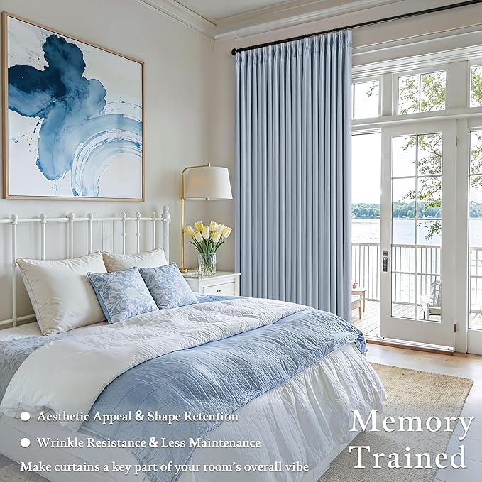 Blue 96 Inch Blackout Pinch Pleated Curtains 2 Panel Set for Living Room Darkening Thick Linen Textured 100% Black Out Drapes 96 Inches Long Pinch Pleat Light Blocking Bedroom Dusty Sky Ice Blue