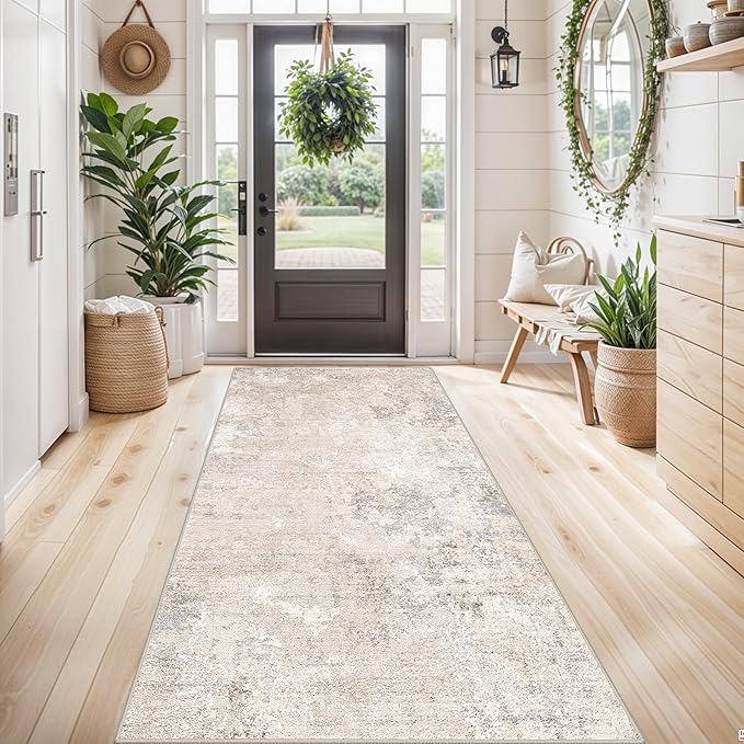 4x8 Washable Indoor Entryway Rug – Non-Slip Rubber Backed Floor Mat for Kitchen, Hallway, Bedroom – Modern Abstract Low-Pile Thin Wide Carpet Runner for Bathroom, Living Room, Office (Beige Grey, 4x8)