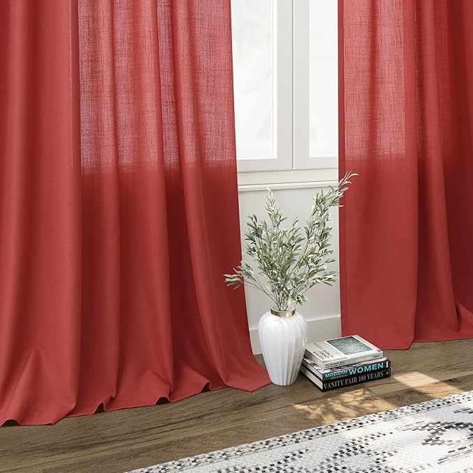 Christmas Red Linen Curtains 63 Inch Length for Living Room Light Filtering Semi Sheer Curtain Back Tab and Rod Pocket Vintage Rustic Luxury Home Decor Neutral Drapes for Bedroom 52x63, 2 Panels