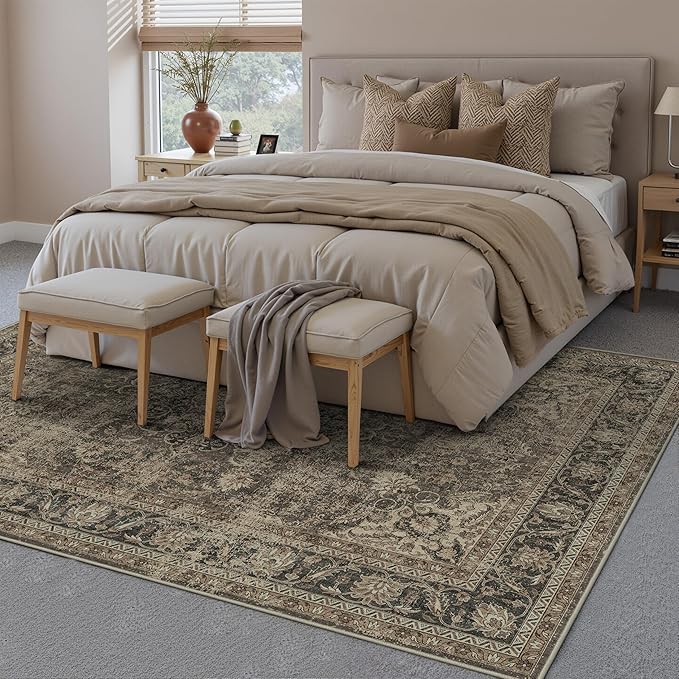 8x10 Washable Area Rug Brown Vintage Non Slip Soft Low Pile Rug for Living Room Bedroom Dining Room Office Distressed Oriental Indoor Large Throw Carpet for Home Decor