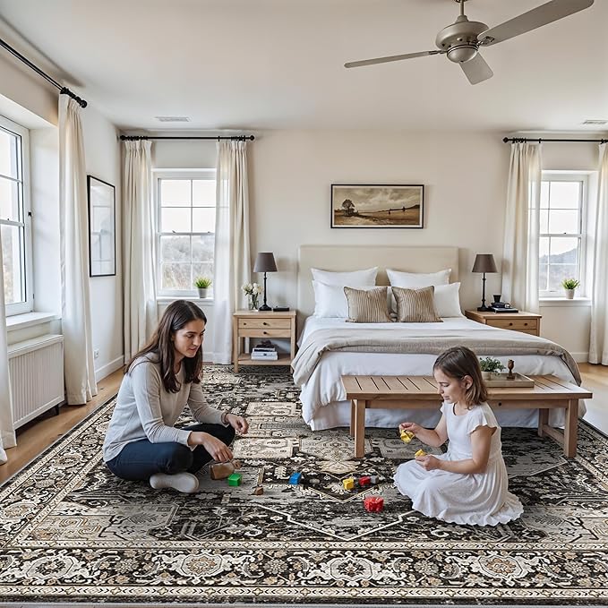 Living Room 12x12 Area Rug - Large Washable Area Rugs with Non Slip Backing Stain Resistant Carpet Indoor Soft Carpets Distressed Decoration Mat for Bedroom Dining Room 12x12 Black