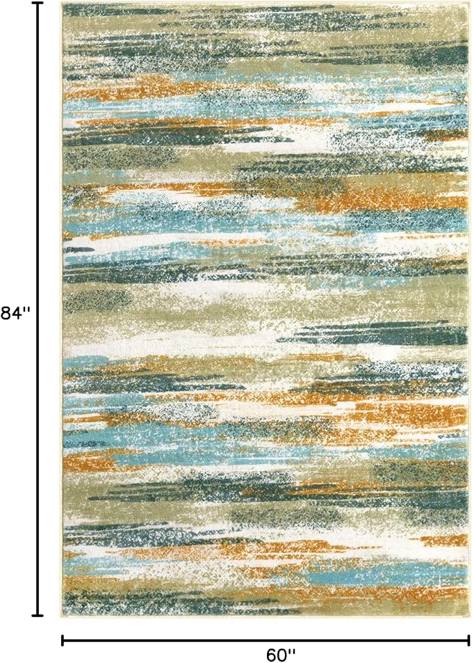 Lansny Modern Abstract 5x7 Machine Washable Area Rug Non-Slip Soft Bedroom Living Romm Rug Green Mustard Multi Ultra Thin Print Faux Wool Floor Carpet Throw Rug for Nursery Playroom Dining Room Office