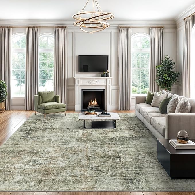 Soalmost Area Rug 6x9 Abstract Living Room Washable Rugs Green Black Non Slip Low Pile Carpet for Bedroom Dining Room Foldable Thin
