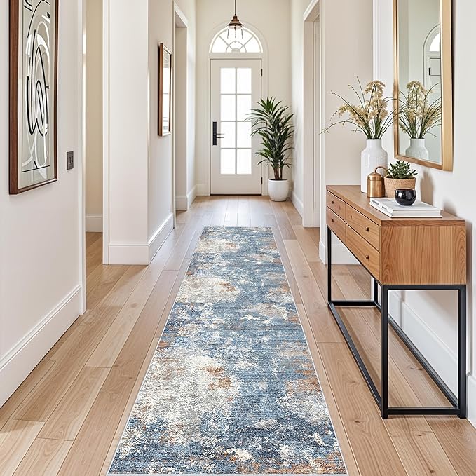2x10 ft Washable Hallway Runner Rug – Non-Slip Low-Pile Long Carpet Runner for Kitchen Entryway Living Room Bedroom Bathroom, Modern Abstract Neutral (Blue Rust,2x10)