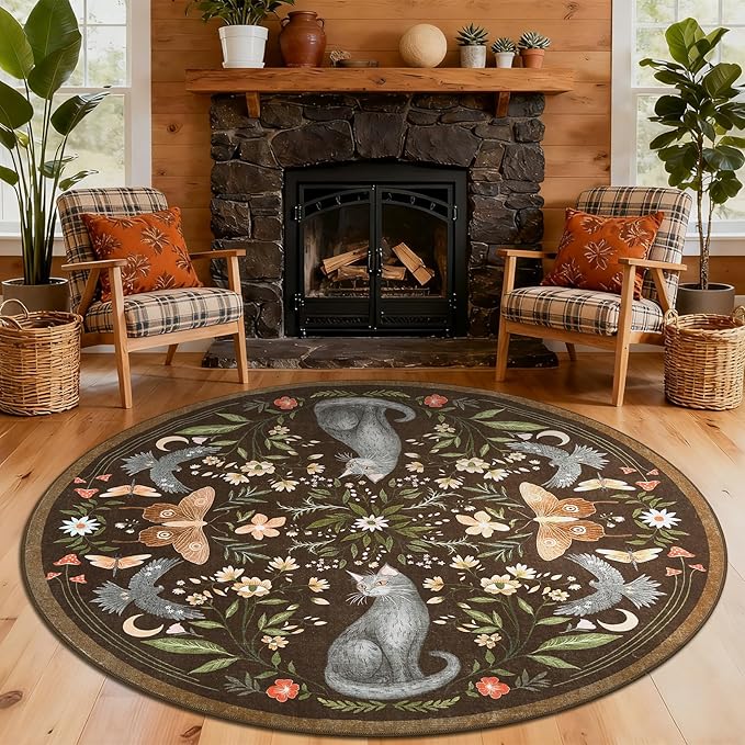 GarveeHome Round Area Rugs 5ft for Bedroom, Cat Brown Washable Circle Rug Soft Non Slip Mushroom Floral Floor Mat Carpet Indoor Thin Rug for Bedroom Dining Room Playroom Nursery Gothic Decor