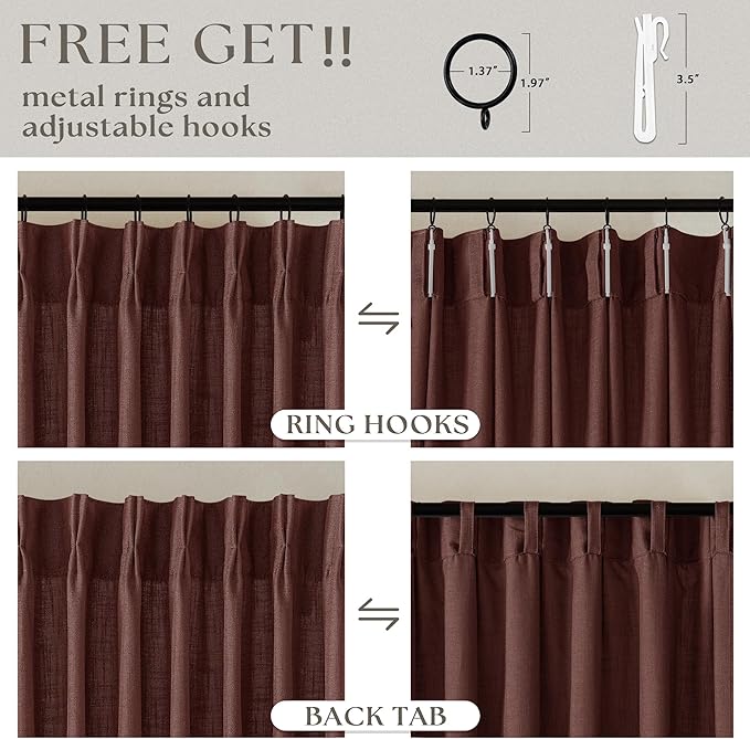Dark Terracotta 80 Inch Pinch Pleated Linen Curtains 2 Panel Set for Living Room Thick Linen Drapes 80 Inches Long Pinch Pleat Drapes Semi Sheer Curtain for Dining Bedroom Office Maroon Red Brown