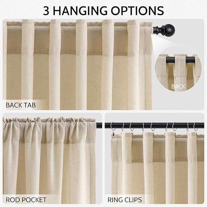 Extra Long Tan Linen Curtains 120 Inches for Living Room Back Tab Neutral Farmhouse Drapes Light Filtering Semi Sheer Curtain 120 inch for Floor to Ceiling Window Patio Sliding Door,2 Panels