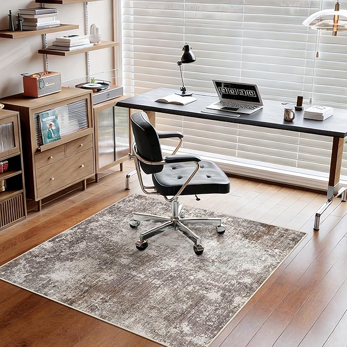 Washable 5x5 Area Rug Square – Non-Slip Soft Indoor Rug for Kitchen Living Room Entryway Bathroom – Modern Abstract Neutral 5ft Rug (Brown Beige, 5x5)