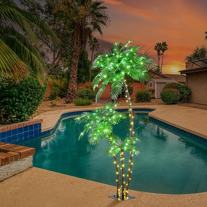 LIGHTSHARE Lighted 6FT Gorgeous Palm Tree 3Trunks Artificial Palm Tree 203LED Lights for Office Decoration Outdoor and Indoors Tiki Bar Christmas Patio Pool- Electric
