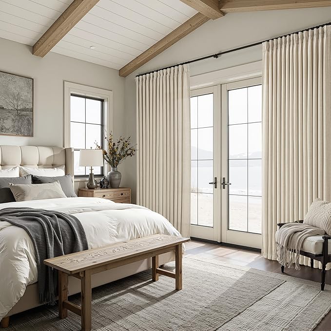 Floor to Ceiling Light Flax Linen Curtains 120 Inches Long 2 Panels Set for Patio Sliding Door 2 Panels Set, Elegant Memory Shape Pinch Pleated Warm Beige Sheer Curtain Light Filtering for Dining Room