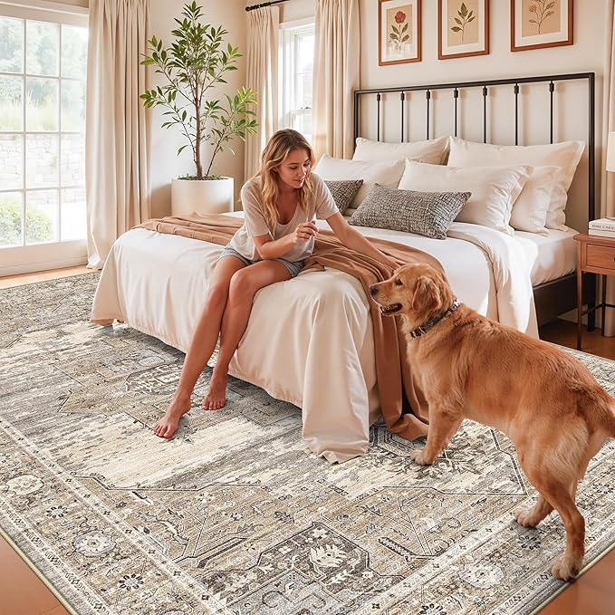 RUUGME 7x10 Rugs for Living Room: Boho Washable Area Rugs with Non Slip Backing Stain Resistant Carpet for Dining Room Bedroom Ultra Thin Soft Decoration Mat for Study Room Office 7x10 Beige
