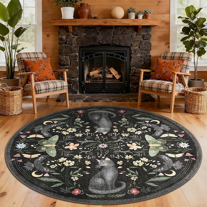 GarveeHome Round Area Rugs 5ft for Bedroom, Cat Black Washable Circle Rug Soft Non Slip Mushroom Floral Floor Mat Carpet Indoor Thin Rug for Bedroom Dining Room Playroom Nursery Gothic Decor