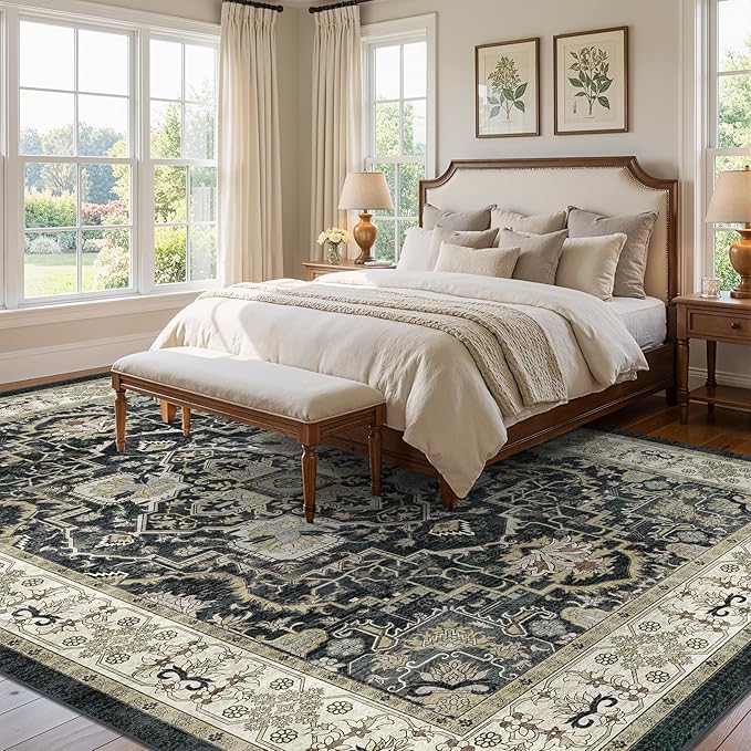 Black 8x10 Washable Large Area Rug, Non-Slip Soft Ultra-Thin Polyester Carpet with Vintage Vintage Stain Large Rug for Living Room, Bedroom, Dining Room & Open-Concept Spaces Oeko-TEX - Black