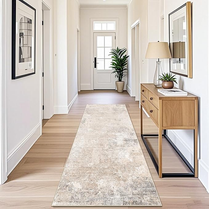 3x8 Washable Non-Slip Runner Rug – Modern Abstract Neutral Wide Carpet Runner for Kitchen, Hallway, Entryway, Bathroom, Bedroom – Low-Pile Thin Floor Mat with Rubber Backing (Beige Grey,3x8)