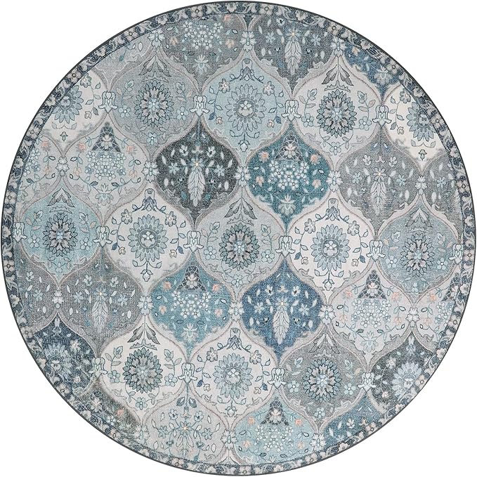 Lahome Moroccan Trellis Washable Round Area Rug, Soft Round Rugs 6ft Ultra-Thin Non-Slip, Vintage Large Circle Carpet for Bedroom Living Room Kitchen Nursery Elise, Blue