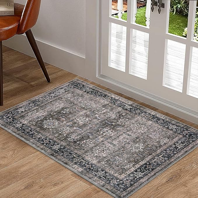 GarveeHome Area Rugs 2x3 Vintage Printed Floor Carpet with Non-Slip Backing, Stain-Resistant Oriental Throw Doormat, Washable Farmhouse Low Pile Rugs for Living Room, Bedroom, Office, Green Camel