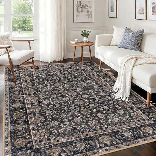 KUTA 5x7 Area Rugs, Vintage Washable Rugs for Living Room Brown Ultra Thin Soft Non-Slip Printed Distressed Traditional Farmhouse Carpet for Bedroom Dining Room Dorm Office Home