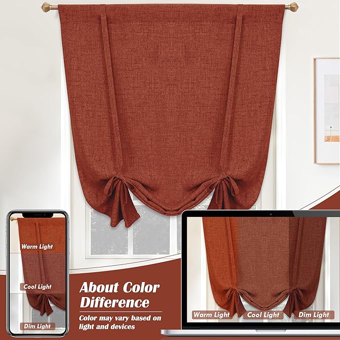 DriftAway Double Layer Linen Blackout Tie Up Curtains Thermal Insulated Fully Lined Balloon Roman Shade Bathroom Window Adjustable Rod Pocket for Small Window 25 Inch by 47 Inch Burnt Orange