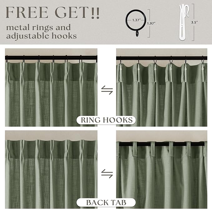 Pinch Pleated Green Linen Curtains 96 Inches Long for Living Room Bedroom Light Filtering Boho Window Drape 96 inch 2 Panels with Hooks Rings 8ft Sage Green Sliding Glass Door Semi Sheer Curtain