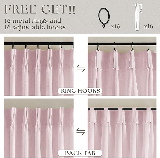 TWODRAPES 80 Inch Pink Pinch Pleated Semi Sheer Curtains for Girls Bedroom Living Room Pleat Memory Shape Trained Light Filtering Linen 80 Inch Curtains Drape Window Panels Baby Pink Blush Nursery