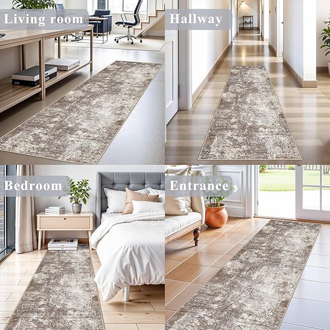 2x7 Washable Kitchen Runner Rug – Non-Slip Soft Carpet for Bathroom Hallway Hall Bedroom – Modern Abstract Neutral Low-Pile Thin Indoor Area Rug with Rubber Backing (Brown Beige,2x7)