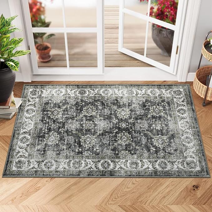 GarveeHome Vintage Floral Area Rugs for Living Room, Distressed Oriental Print Non Slip Washable Rugs, Ultra Soft Low Pile Foldable Indoor Carpet for Bedroom Dining Room