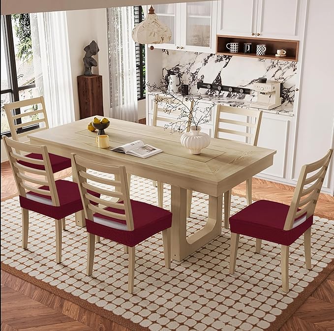 Smiry Waterproof Seat Covers for Dining Room Chairs Set of 4, Stretch Jacquard Removable Washable Chair Seat Slipcovers Protector, No Rear Covers, Wine Red