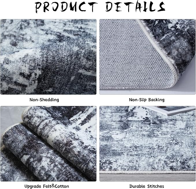 Rugcomf 4x6 Rug Washable Boho Soft Area Rug Abstract Pattern Non-Slip Faux Wool Vintage Rug for Living Room, Bedroom Rug, Farmhouse, Dining Room, Kids Playroom, Grey and Black