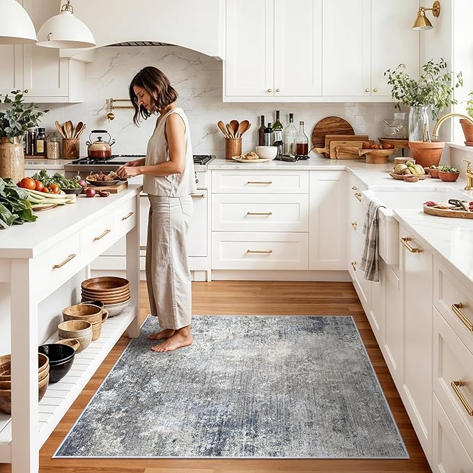 5x5 Rug Square for Living Room – Machine Washable Non-Slip Area Rug for Kitchen Entryway Bathroom – Modern Neutral Abstract Soft 5ft Indoor Carpet (Blue Grey, 5x5)