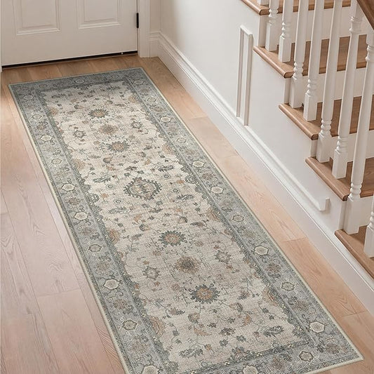 GENIMO Runner Rug for Hallways Machine Washable, 2x6 Non Slip Boho Vintage Lightweight Washable Runners, Thin Floor Rugs for Entryway Hallway Bathroom Laundry Room Corridor, Light Taupe Green