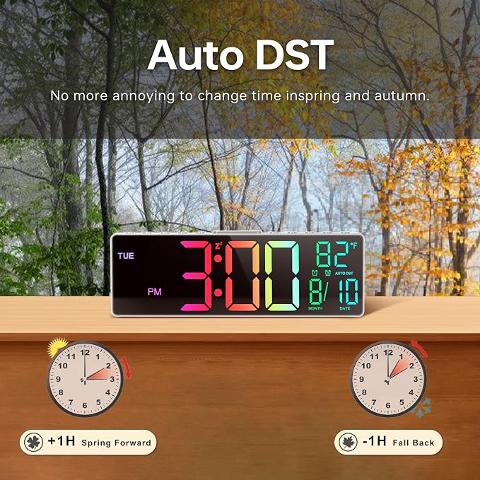 JALL 10.5'' Large Digital Alarm Clock with Big LED Number, Remote Control, RGB Colors,Timer, Dual Alarm, Temperature for Back to School Classroom, Bedroom, Living Room, Gift for Senior Student Teacher - Image 5