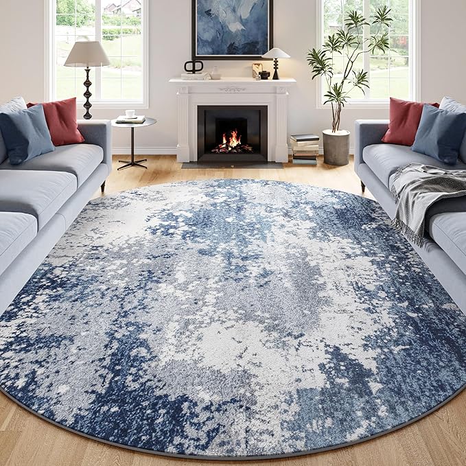 Blue Round Rugs 6ft Washable Circle Area Rug for Entryway Kitchen, Non Slip Soft Low Pile Stain Resistant, Boho Circular Carpet for Living Room Bedroom Dorm Dining Room Table, Abstract Navy