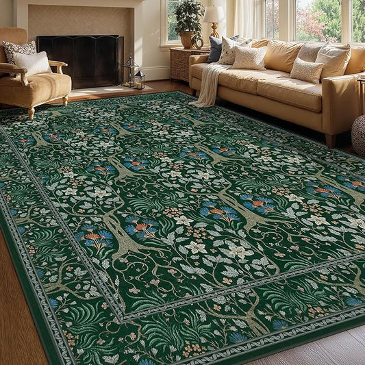 Joydeco Washable 9x12 Area Rugs for Living Room, Large Non Slip Vintage Floral Rug, Boho Bedroom Mats Under Bed, Soft Ultra-Thin Throw Carpet for Dining Room Apartment, Dark Green