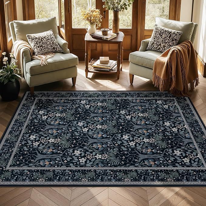 Joydeco Washable Black 4x6 Area Rugs for Living Room Bedroom, Boho Floral Vintage Rug Non Slip Stain Resistant Indoor Floor Dining Room Throw Carpet for Office Entrance Kitchen