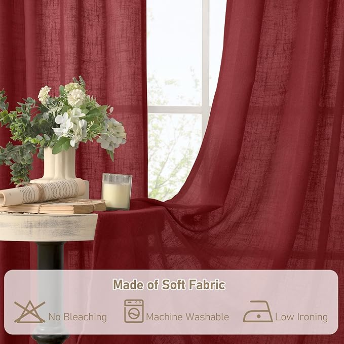LAMIT 36 Inch Length Linen Curtains for Small Windows, Semi Sheer Light Filtering Panels Back Tab and Rod Pocket Christmas Decor Drapes for Basement/Kitchen, Burgundy Red, 2 Panels, 34 x 36 Inch