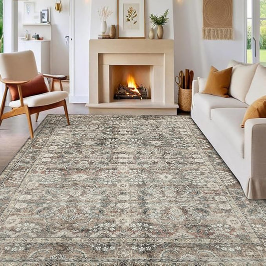 GarveeHome Washable Rugs for Living Room, Vintage Neutral Area Rug, Ultra Soft Low Pile Oriental Floral Carpet, Non Slip & Stain Resistant Retro Floor Mats for Home Decor