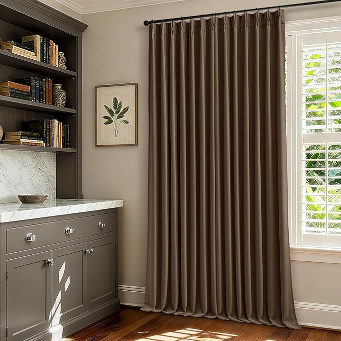 Latte Pinch Pleated 100% Blackout Linen Bedroom Curtains 86 Inch Length Double Layer Pleat Curtains Ring Hooks Back Tab Black Out Room Darkening Drapes 86 Inches Long Living Room Sliding Door