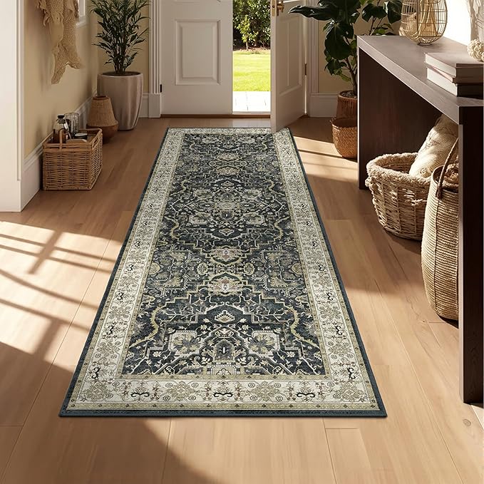 Washable Hallway Runner Rug - 3x8 Kitchen Rug Distressed Low Pile Mats Non Slip Soft Rugs for Dining Room with Rubber Backing Bedroom Runner with Vintage Design (Black 3x8)