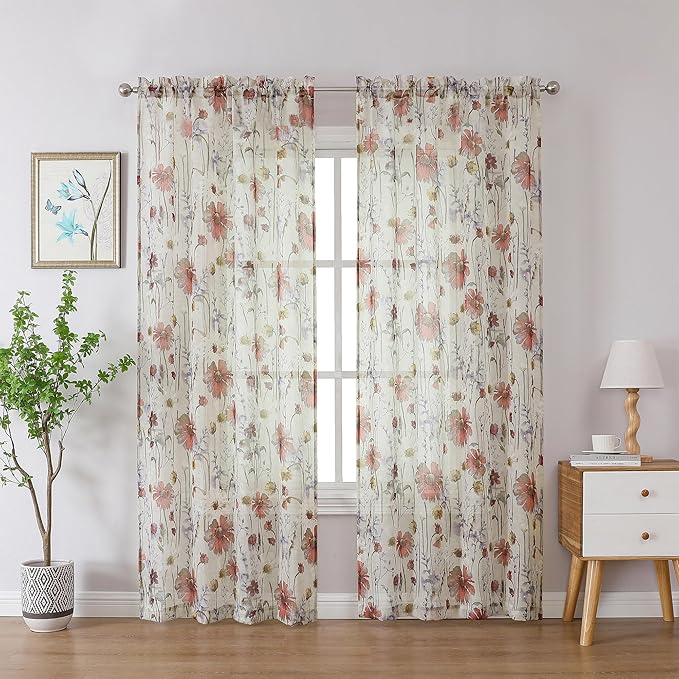 OWENIE Crushed Semi Sheer Curtains 72 Inches Length 2 Panels, Floral Pattern Design Rod Pocket Light Filtering Farmhouse Curtains for Bedroom Living Room, 2 Pieces Total 84 Inch Wide, 72 inch Long