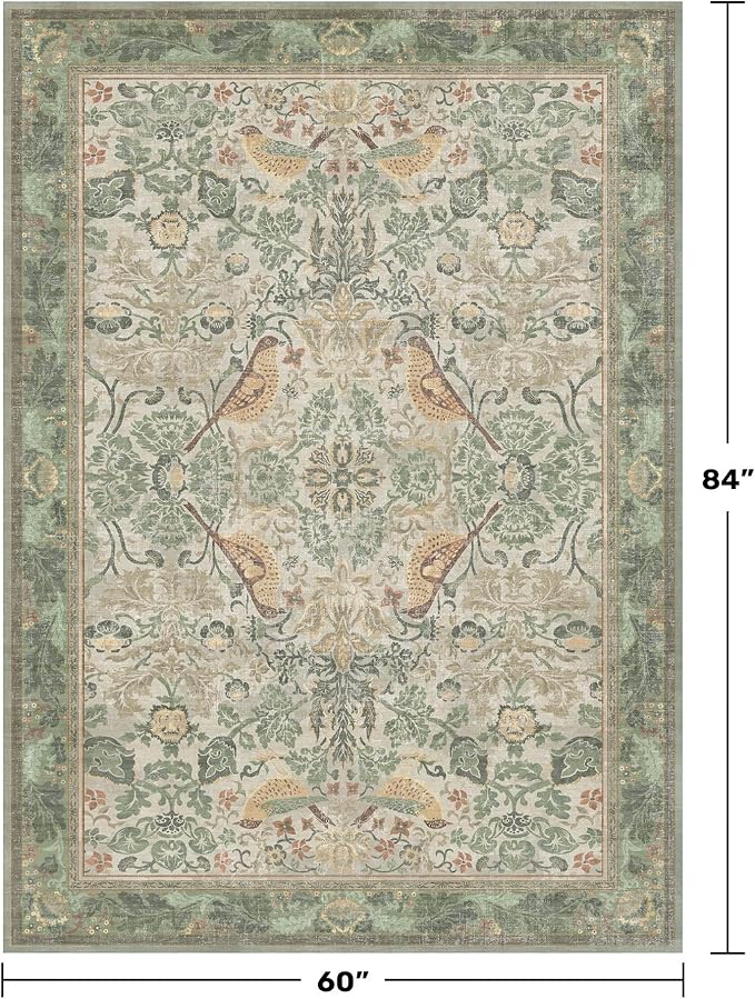 Hazo Haus Washable Sage Green Area Rugs 5x7 for Living Room, Bedroom Bedside, Dining Room, Office, Muted Cream Green Non Slip Stain Resistant Low Pile Botanical Floral Bird French Country Decor