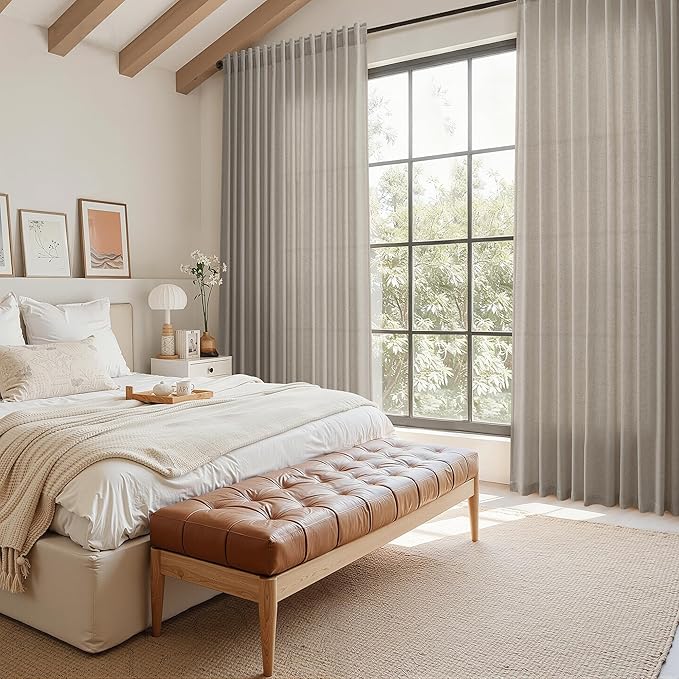 Nanspring Grey Beige Linen Curtains for Living Room 72 Inches Long Luxury Light Filtering Semi Sheer Curtain Back Tab Simple Modern Neutral Elegant Boho Gray Drapes for Bedroom 52x72, 2 Panels