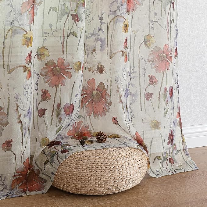OWENIE Crushed Sheer Curtains 96 Inch Length 2 Panels Set, Sheer Floral Curtains Printed Drapes on Sheers for Living Room, Rod Pocket Light Filtering Window Sheers 42" W x 96" L