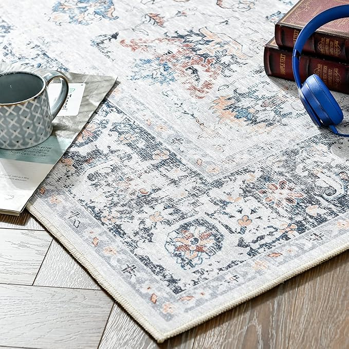 jinchan Runner Rug 2x5 - Hallway Rug Kitchen Washable Runner Vintage Floral Boho Lightweight Thin Non-Slip Retro Distressed Carpet for Entryway Bathroom Bedroom Laundry Room Grey Multi