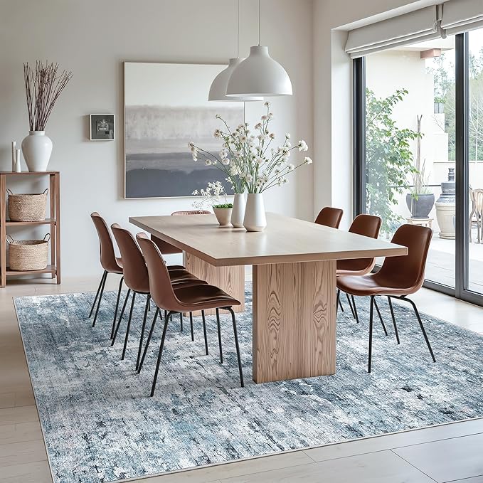Soalmost Abstract Rug 8x10 Large Living Room Rugs Neutral Modern Washable Area Rugs for Bedroom Dining Room Non-Slip Stain Resistant Foldable Thin Blue