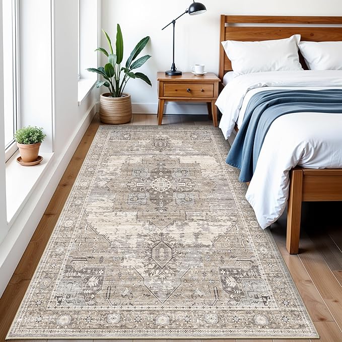 RUUGME 4x7 Washable Kitchen Area Rug, Ultra-Thin Soft Entryway Rugs Vintage Non Slip Stain Resistant Carpets for Small Living Room Bedroom Dining Room Low Pile Indoor Home Decor Mat 4x7 Beige